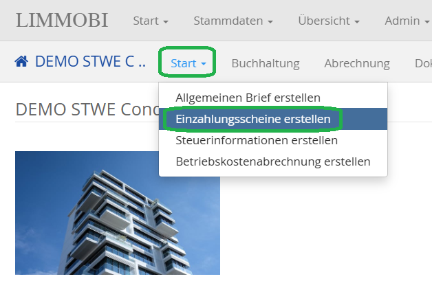LIMMOBI: Menü Start mit der Funktion Einzahlungsscheine erstellen für eine Stockwerkeigentümergemeinschaft