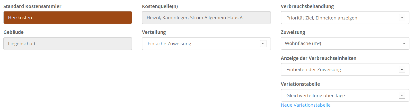 Der Standardkostensammler: Name: Heizkosten, Gebäude Liegenschaft, Zuweisung "Wohnfläche (m2)"