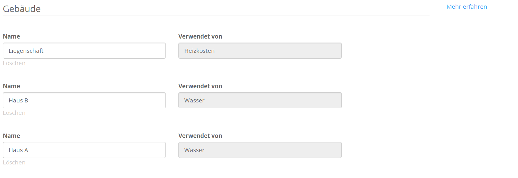 Unter der Überschrift Gebäude werden 3 Einträge für Gebäude angezeigt. Liegenschaft, Haus B und Haus A. Die Namen sind in veränderbare Texte in Textboxen. Daneben wird angezeigt von welchem Konstentreiber oder Kostensammler die Gebäude verwendet werden. Gebäude die nicht mehr verwendet werden,können gelöscht werden