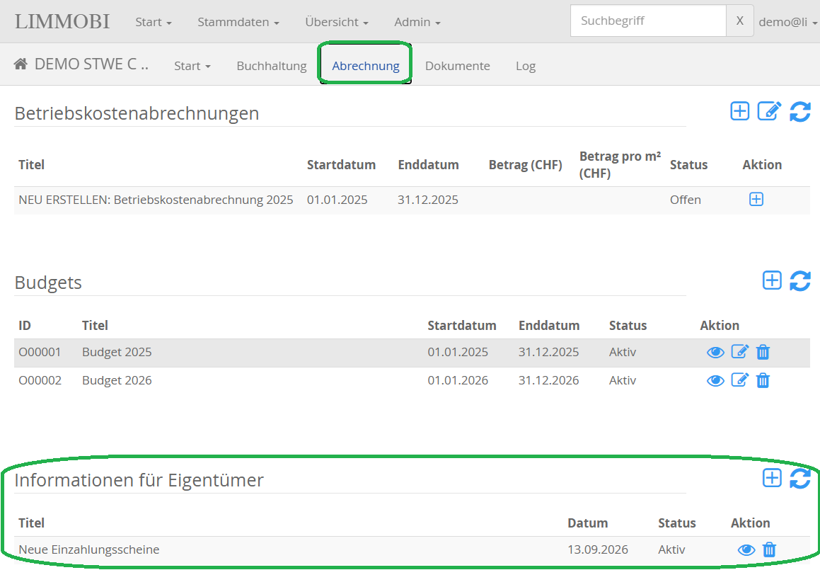 LIMMOBI: Liste der Informationen für Eigentümer im Reiter Abrechnung