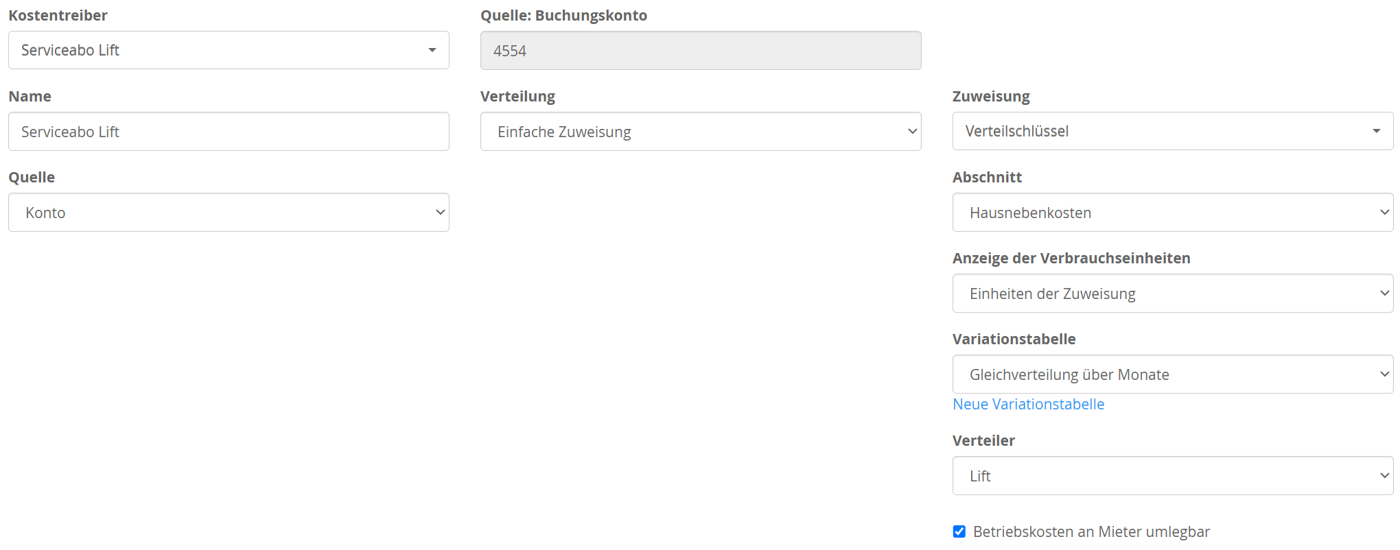 Kostentreiber Serviceabo Lift mit Verteiler Lift und der eingeschalteten Einstellung Betriebskosten an Mieter umlegbar