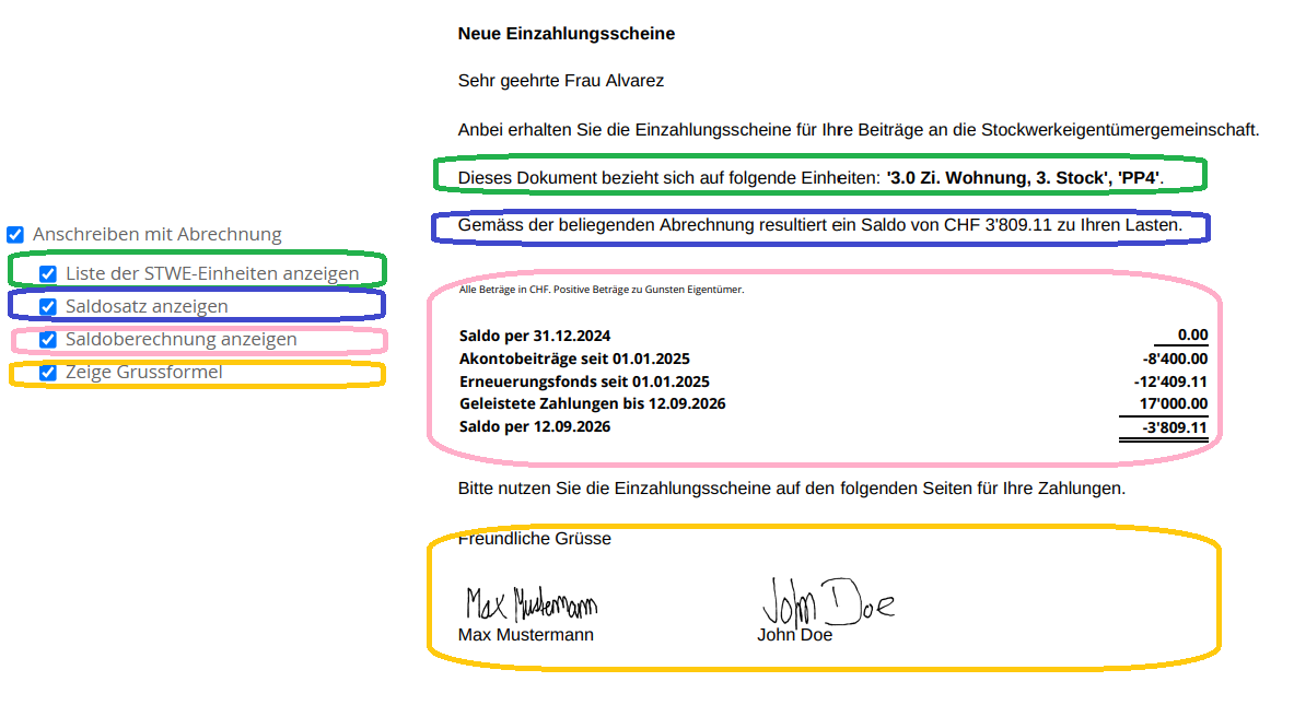 LIMMOBI: Vorschau eines Eigentümeranschreibens mit STWE-Einheiten, Saldo und Saldoberechnung
